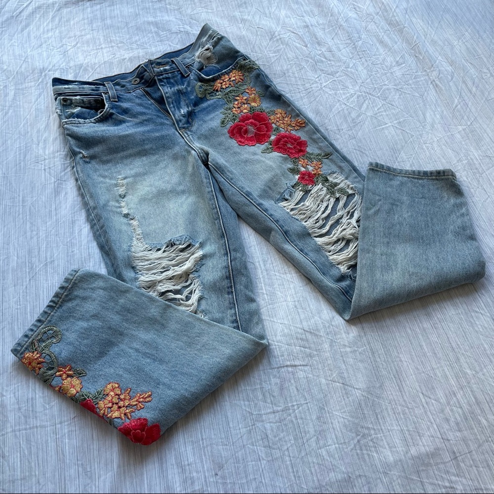 Carmar Denim Floral Embroidered Distressed Ripped High Rise Light Wash Jeans 24
